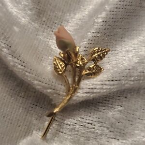 Vintage Gold Tone Porcelain Pink Green Rose Bud Floral Stem Hat Pin